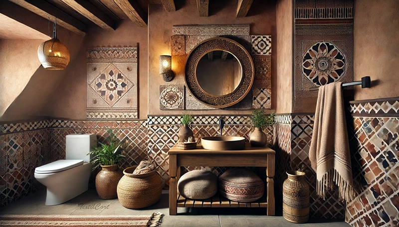 Baño de estilo étnico con textiles naturales y atmósfera artesanal