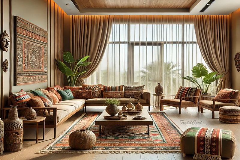 Cortinas estilo étnico cálido en salón amplio y luminoso