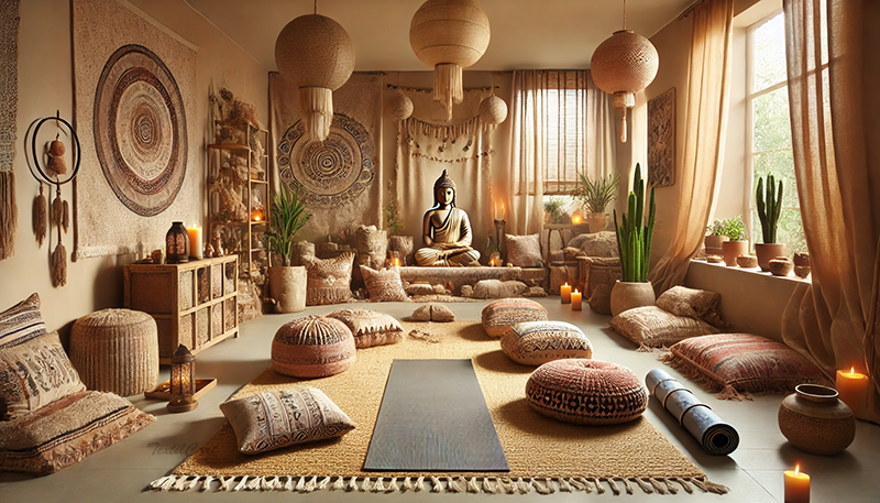 Cortinas estilo étnico natural en espacio de meditación y calma