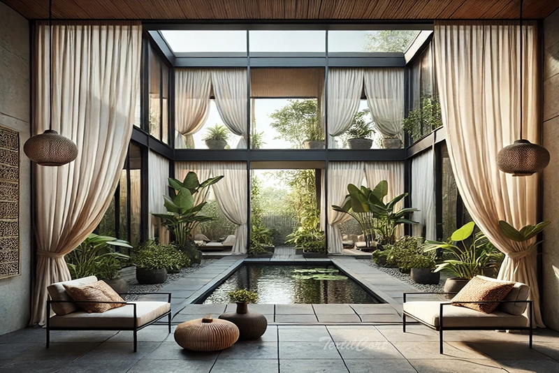 Cortinas estilo étnico en doble altura con tejidos vaporosos