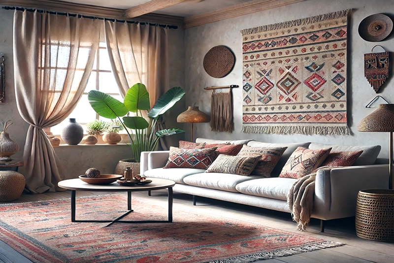 Cortinas estilo étnico en lino natural con caída suave