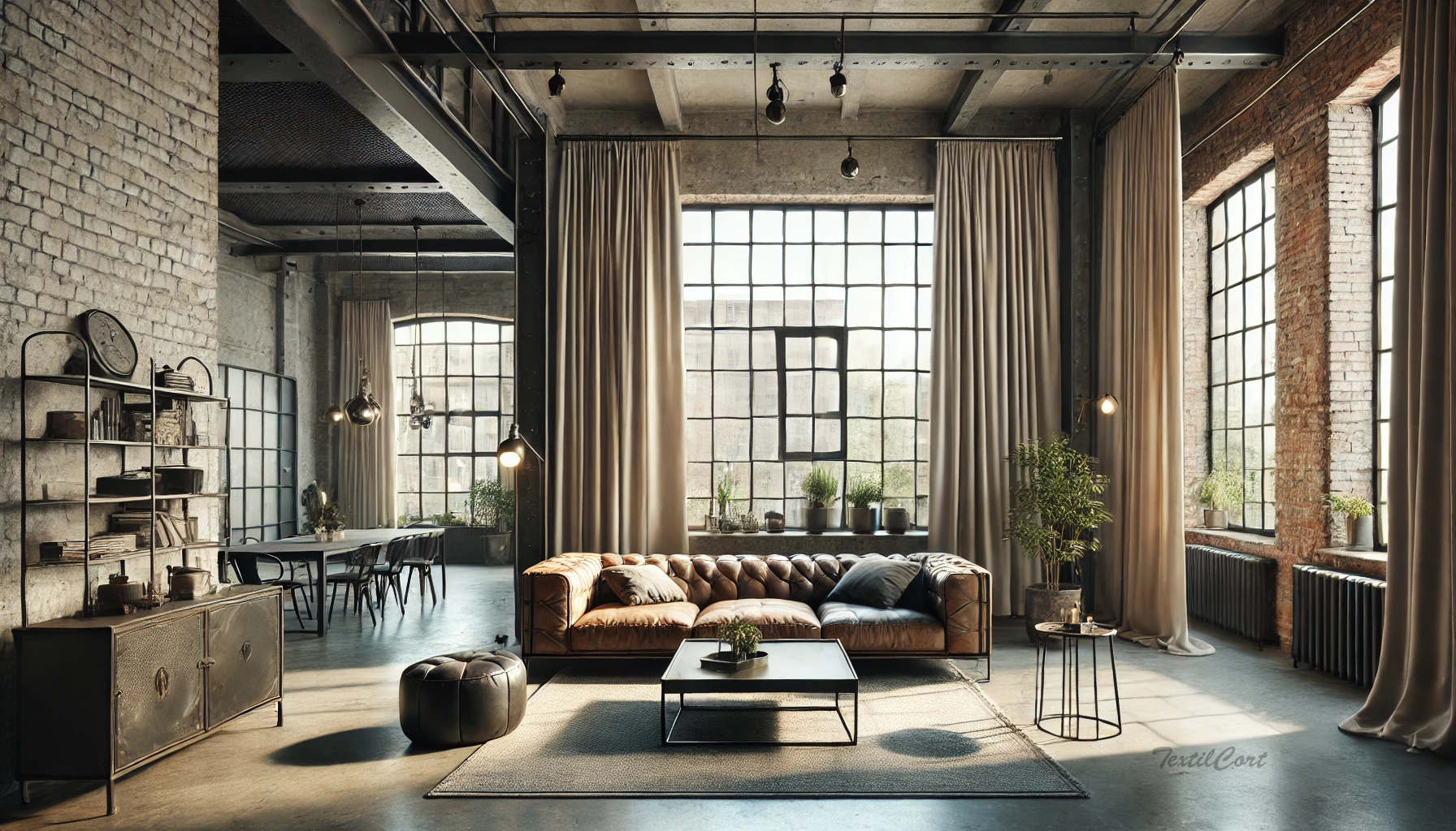 Cortinas estilo industrial en tonos neutros para loft urbano
