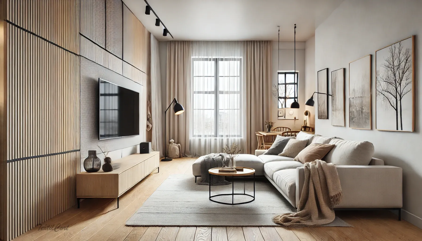 Ambiente decorativo de salón con cortinas de estilo industrial