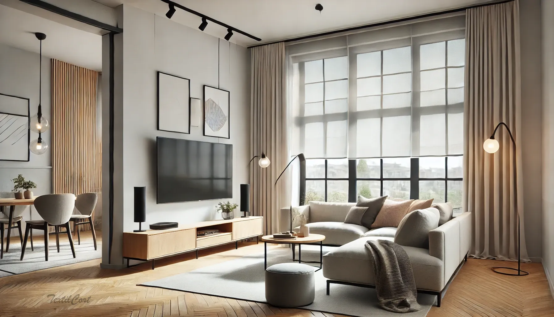 Cortinas modernas en salón actual con detalles industriales