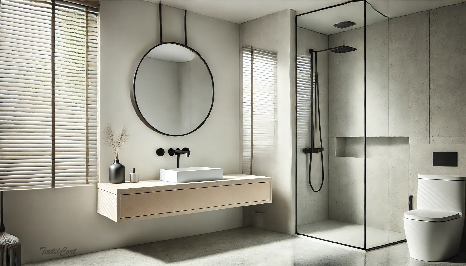 Estores y cortinas en baño moderno con sutiles toques industriales