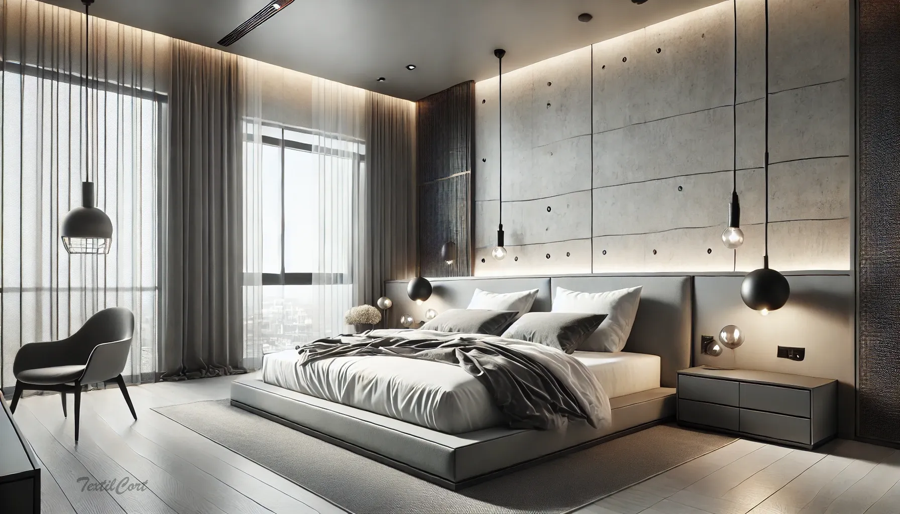 Ambiente decorativo dormitorio principal con cortinas de estilo industrial