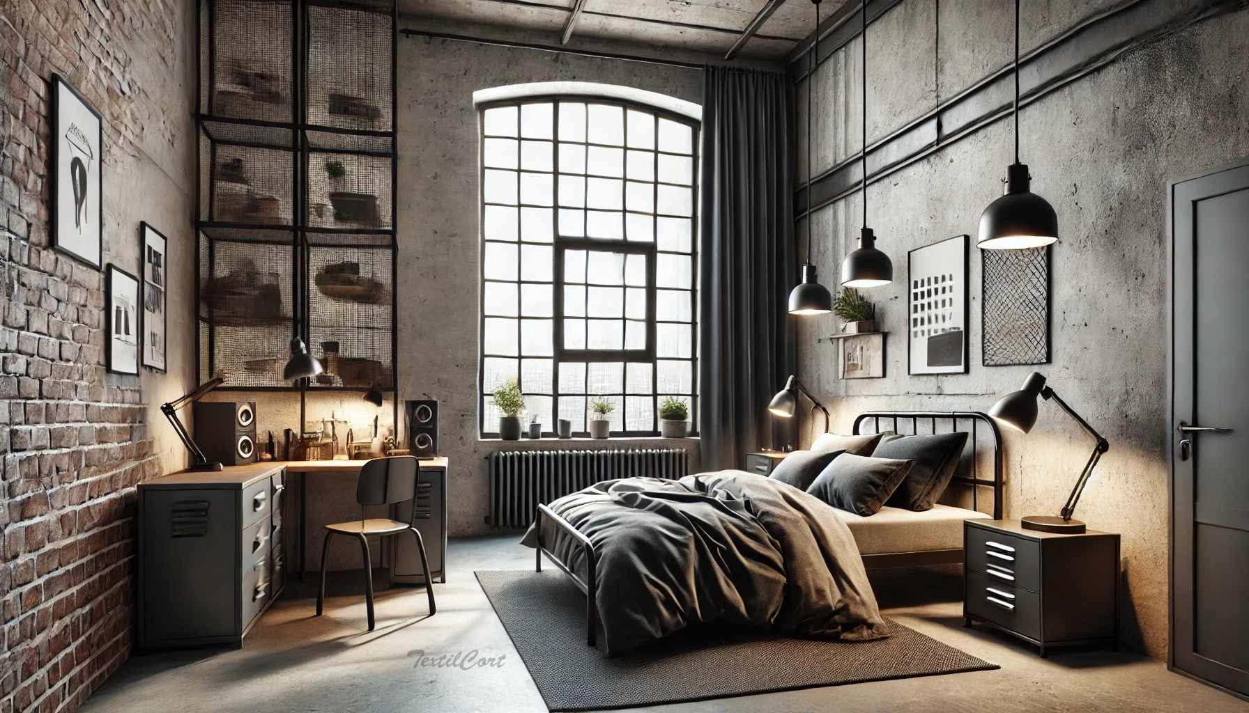 Cortinas estilo industrial en dormitorio urbano con carácter