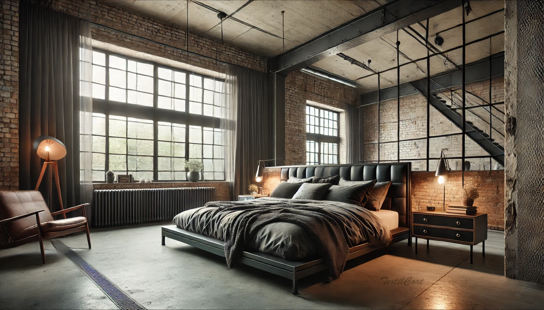 Cortinas estilo industrial para dormitorio loft amplio y elegante