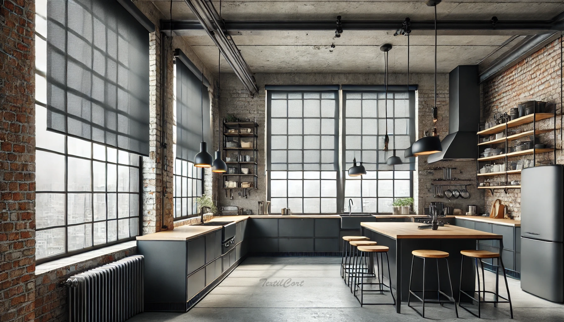 Estores enrollables estilo industrial para cocina urbana