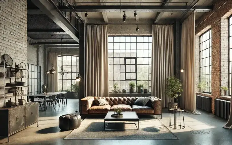 Cortinas estilo industrial en tonos neutros para loft urbano
