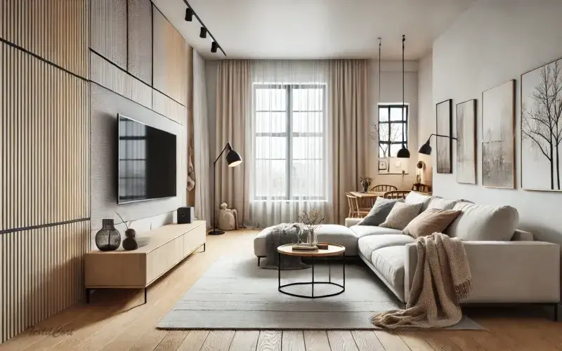 Ambiente decorativo de salón con cortinas de estilo industrial