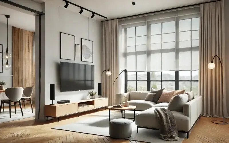 Cortinas modernas en salón actual con detalles industriales