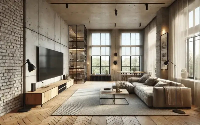 Interior industrial con ventanales tipo fábrica y cortinas funcionales