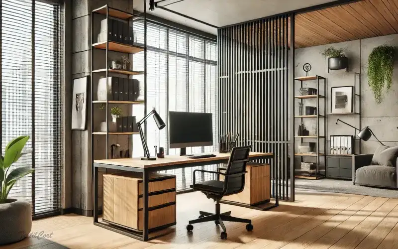 Estores y cortinas modernas en despacho con inspiración industrial
