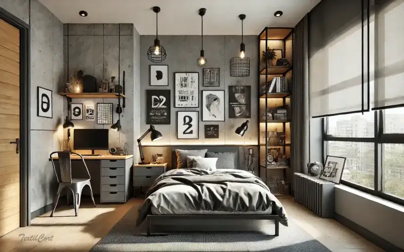 Cortinas y estores modernos en dormitorio con toques industriales