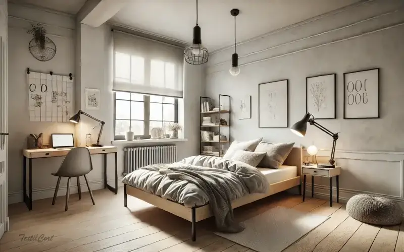 Cortinas modernas en dormitorio luminoso con detalles industriales
