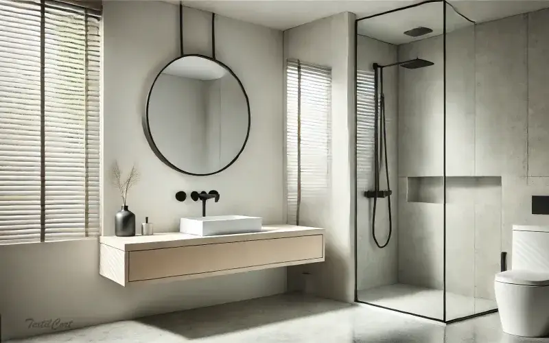 Estores y cortinas en baño moderno con sutiles toques industriales