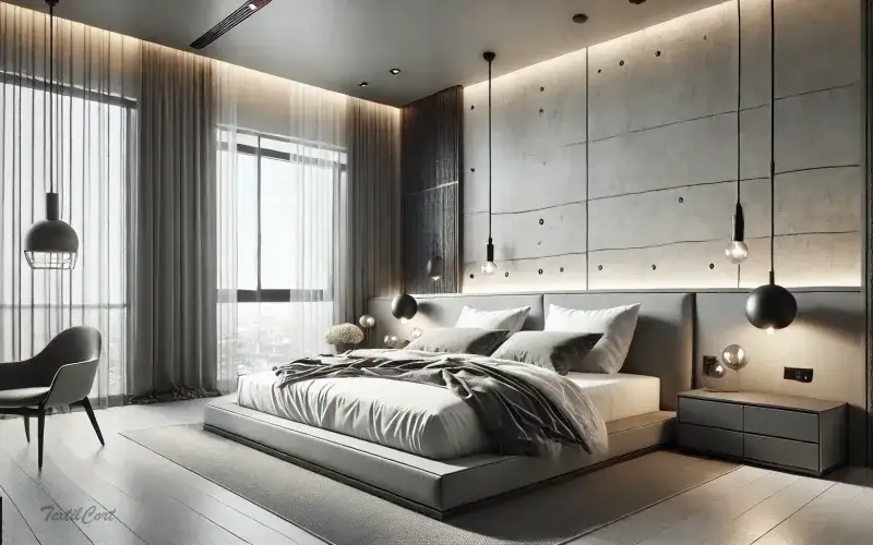 Ambiente decorativo dormitorio principal con cortinas de estilo industrial