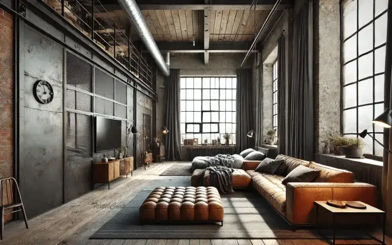 Cortinas estilo industrial oscuras para salón tipo loft