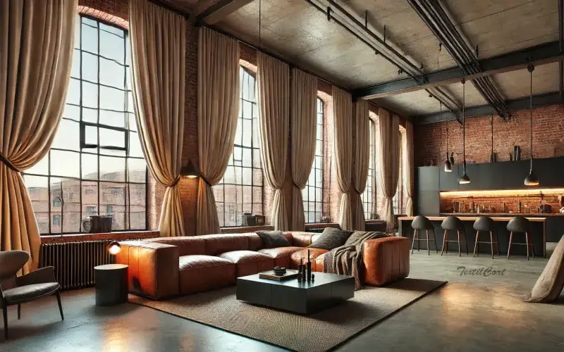 Cortinas estilo industrial en loft con cocina integrada