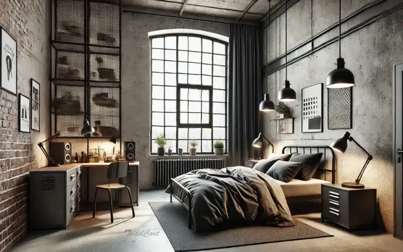 Cortinas estilo industrial en dormitorio urbano con carácter