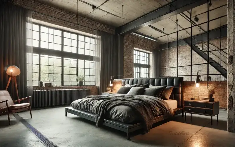 Cortinas estilo industrial para dormitorio loft amplio y elegante