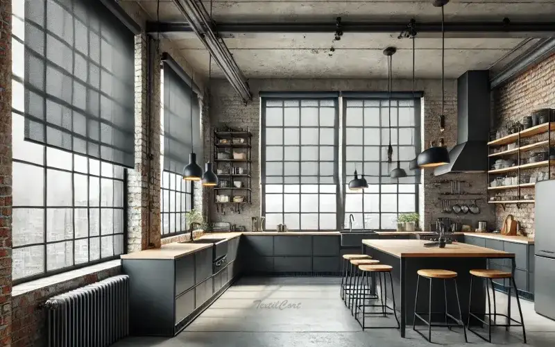 Estores enrollables estilo industrial para cocina urbana