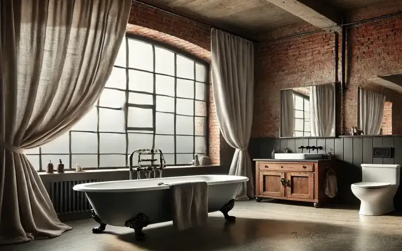 Cortinas estilo industrial para baño con ventanal tipo loft