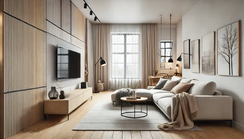 Cortinas modernas con sutiles toques industriales en salón actual