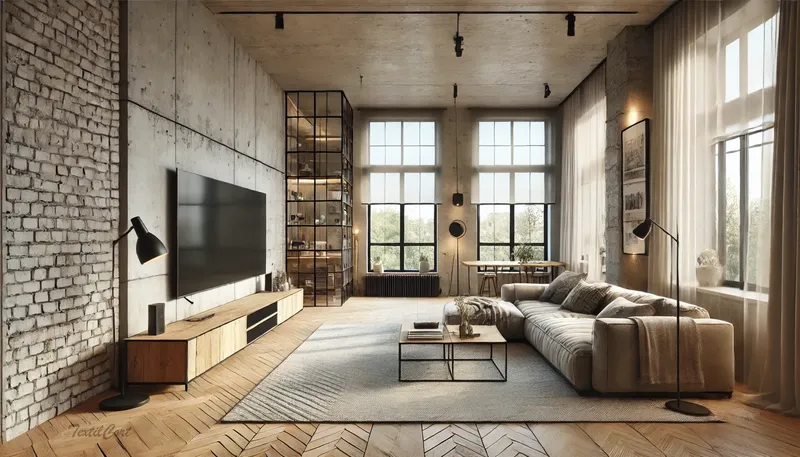 Cortinas modernas en salón amplio con toques industriales