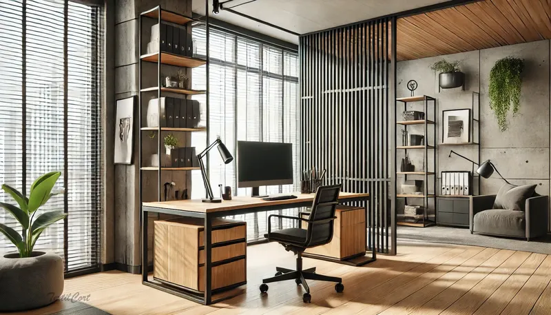 Estores y cortinas modernas en despacho con inspiración industrial