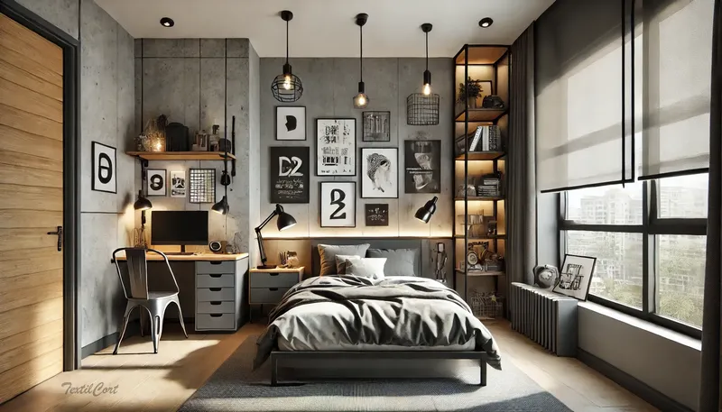 Cortinas y estores modernos en dormitorio con toques industriales