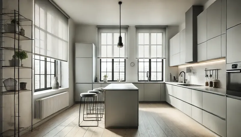 Estores modernos en cocina luminosa con detalles industriales