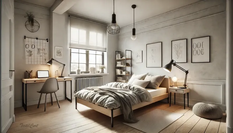 Cortinas modernas en dormitorio luminoso con detalles industriales