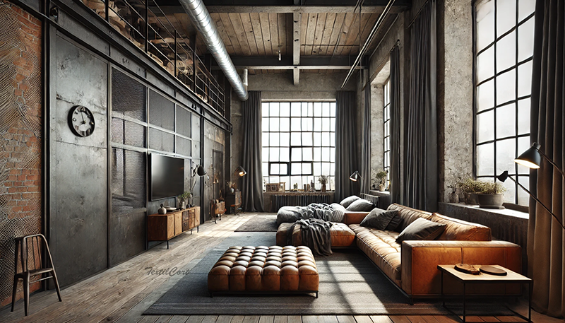 Cortinas estilo industrial oscuras para salón tipo loft