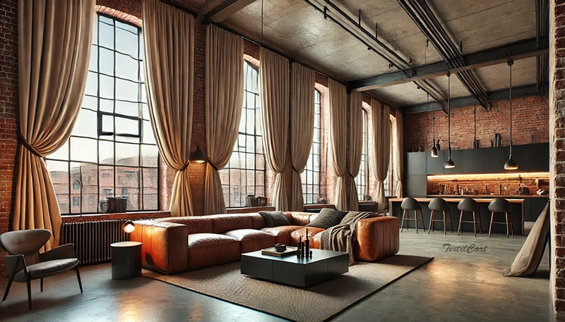 Cortinas estilo industrial en loft con cocina integrada