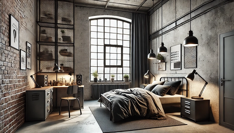 Cortinas estilo industrial en dormitorio urbano con carácter