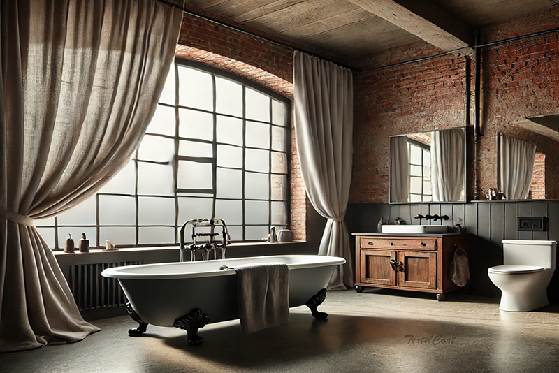 Cortinas estilo industrial para baño con ventanal tipo loft