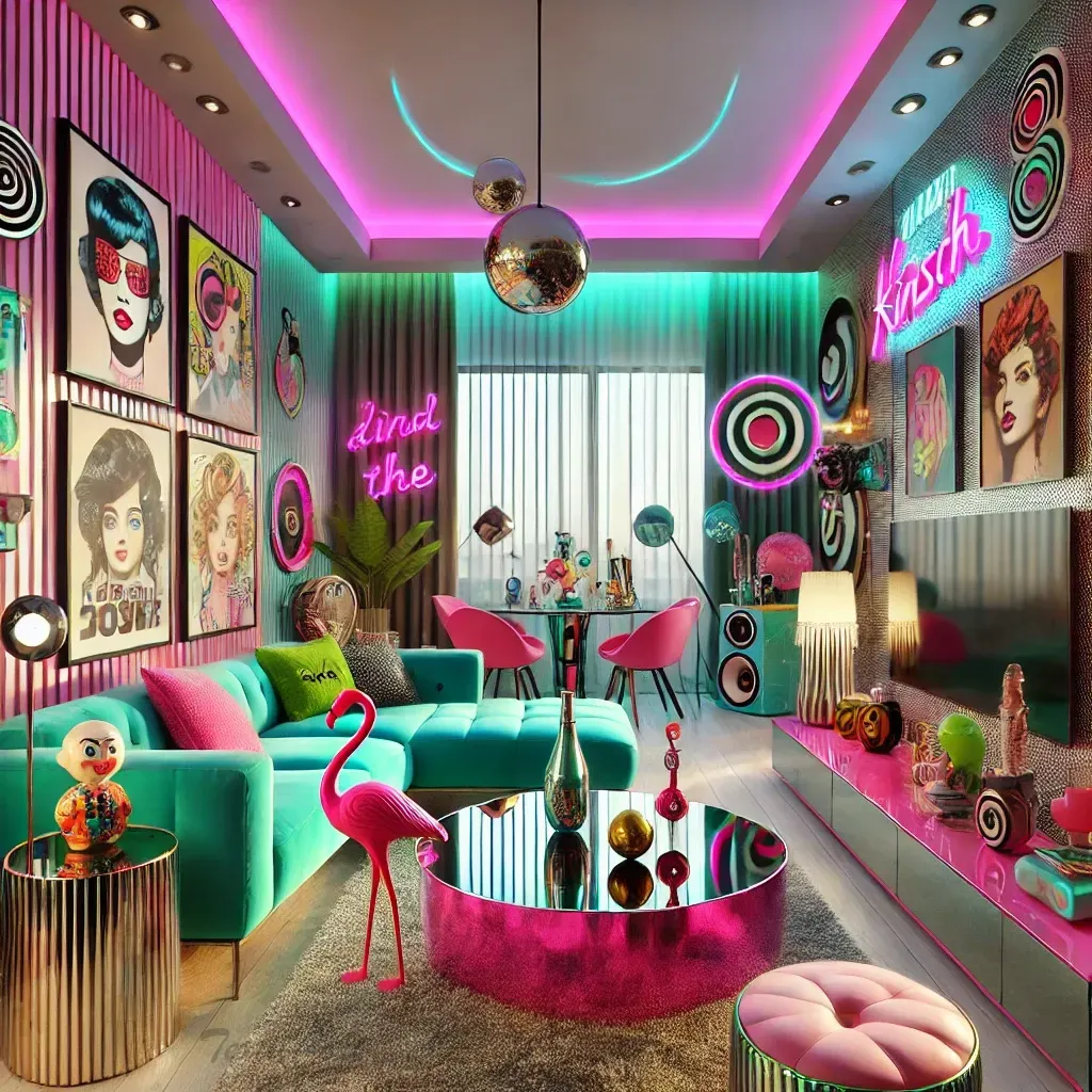 Cortinas estilo kitsch en salón contemporáneo con neones y arte pop