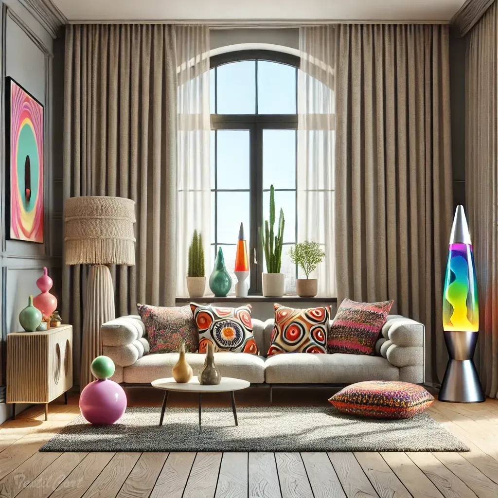 Cortinas estilo kitsch sutil en salón elegante con acentos decorativos