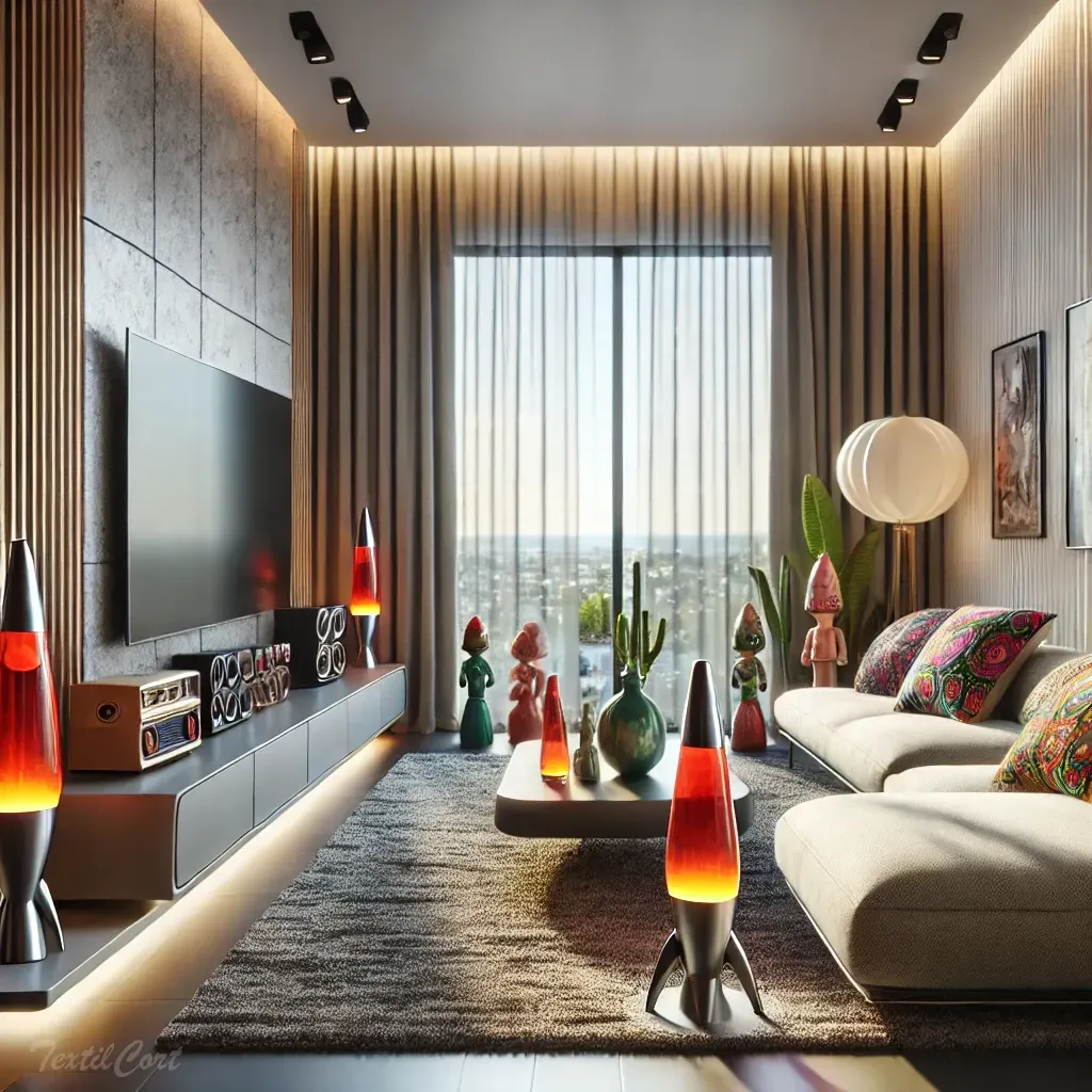 Cortinas estilo kitsch sutil en salón contemporáneo con diseño icónico