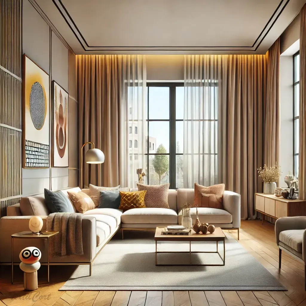 Cortinas estilo kitsch sutil en salón contemporáneo de líneas suaves