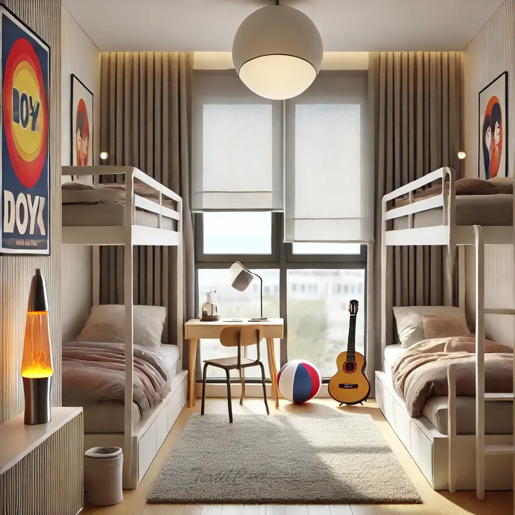 Cortinas estilo kitsch sutil en dormitorio juvenil compartido