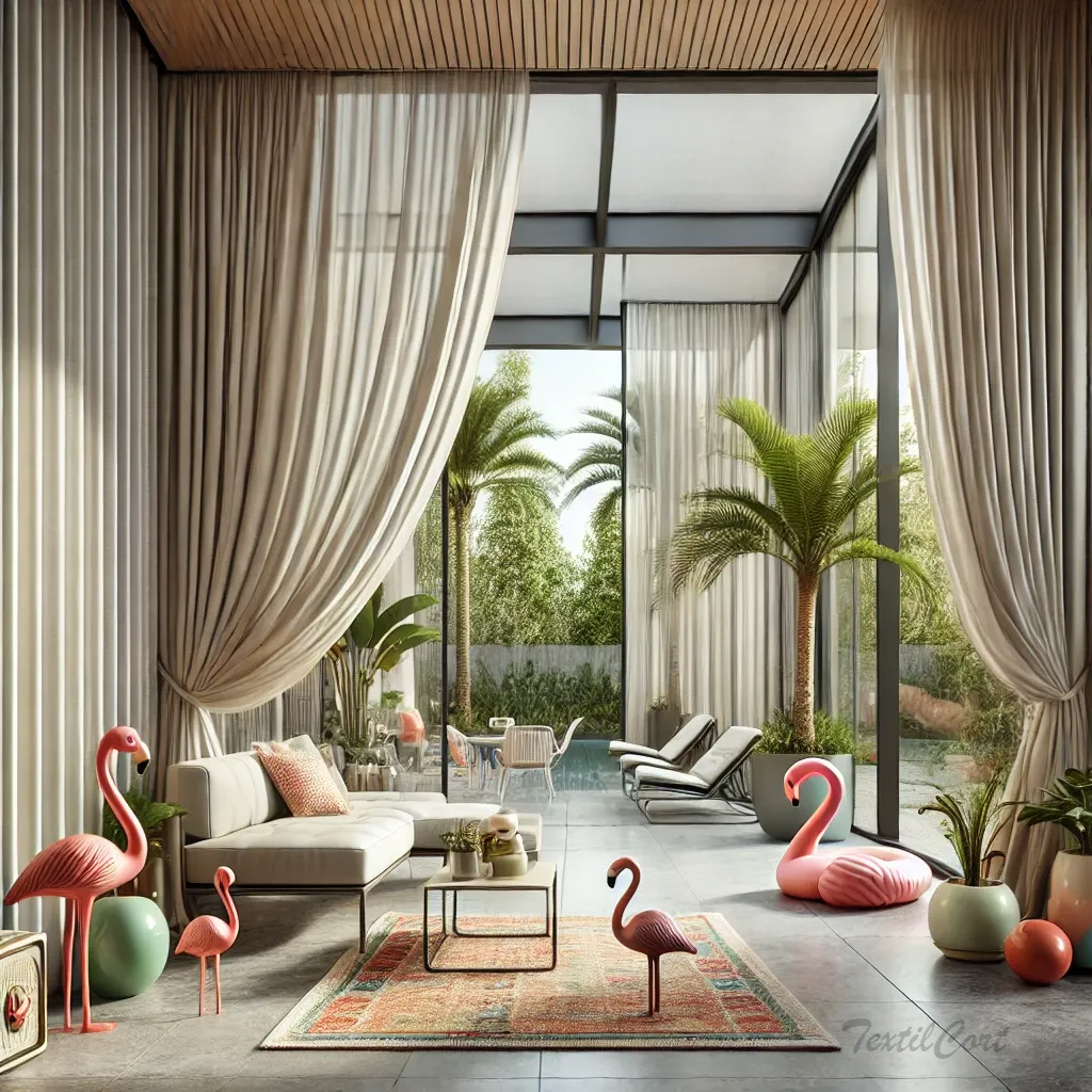 Cortinas estilo kitsch sutil en espacio interior–exterior acristalado