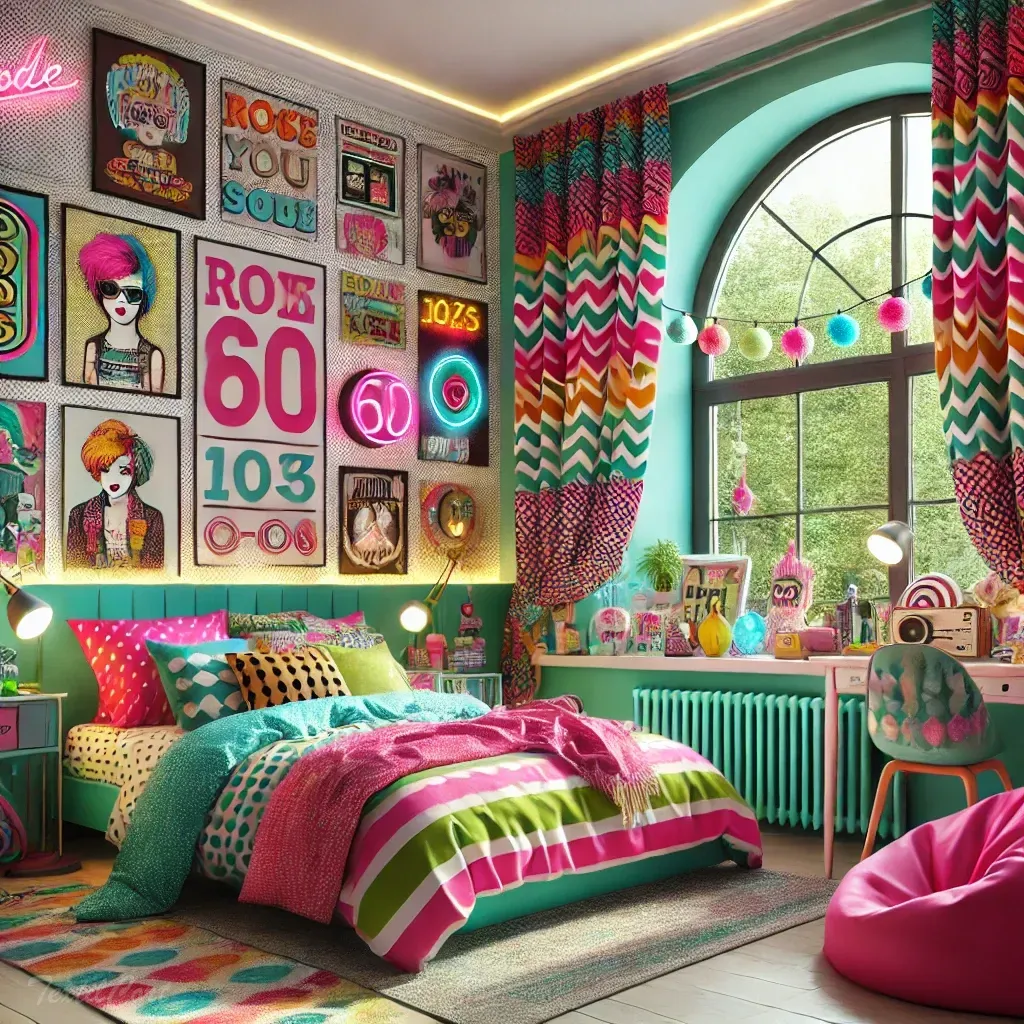 Cortinas estilo kitsch con estampados vibrantes en dormitorio creativo