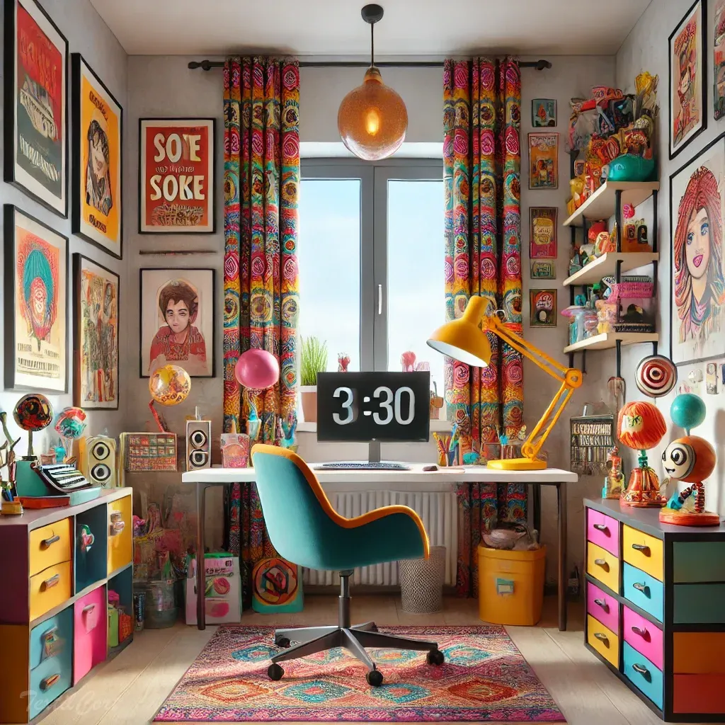 Cortinas estilo kitsch en despacho creativo con estampados coloridos
