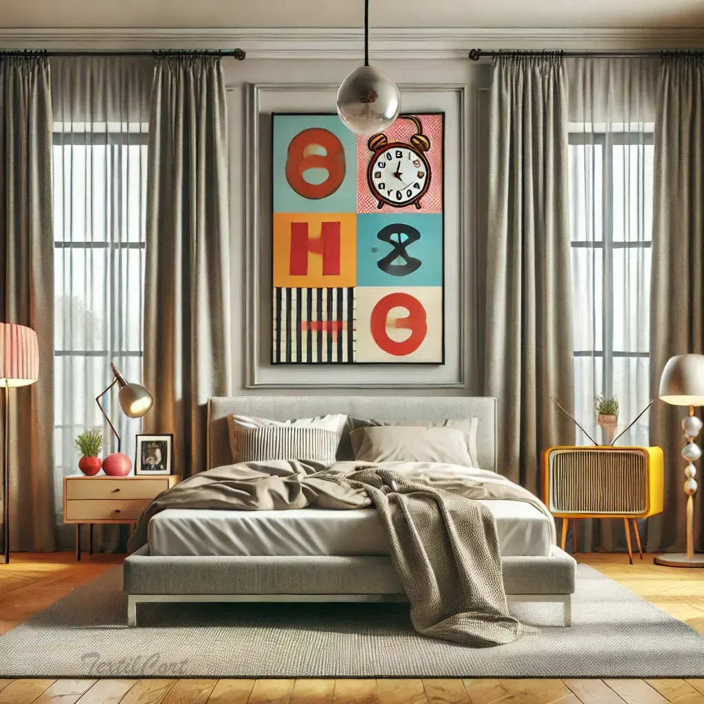 Cortinas estilo kitsch sutil en dormitorio moderno y equilibrado