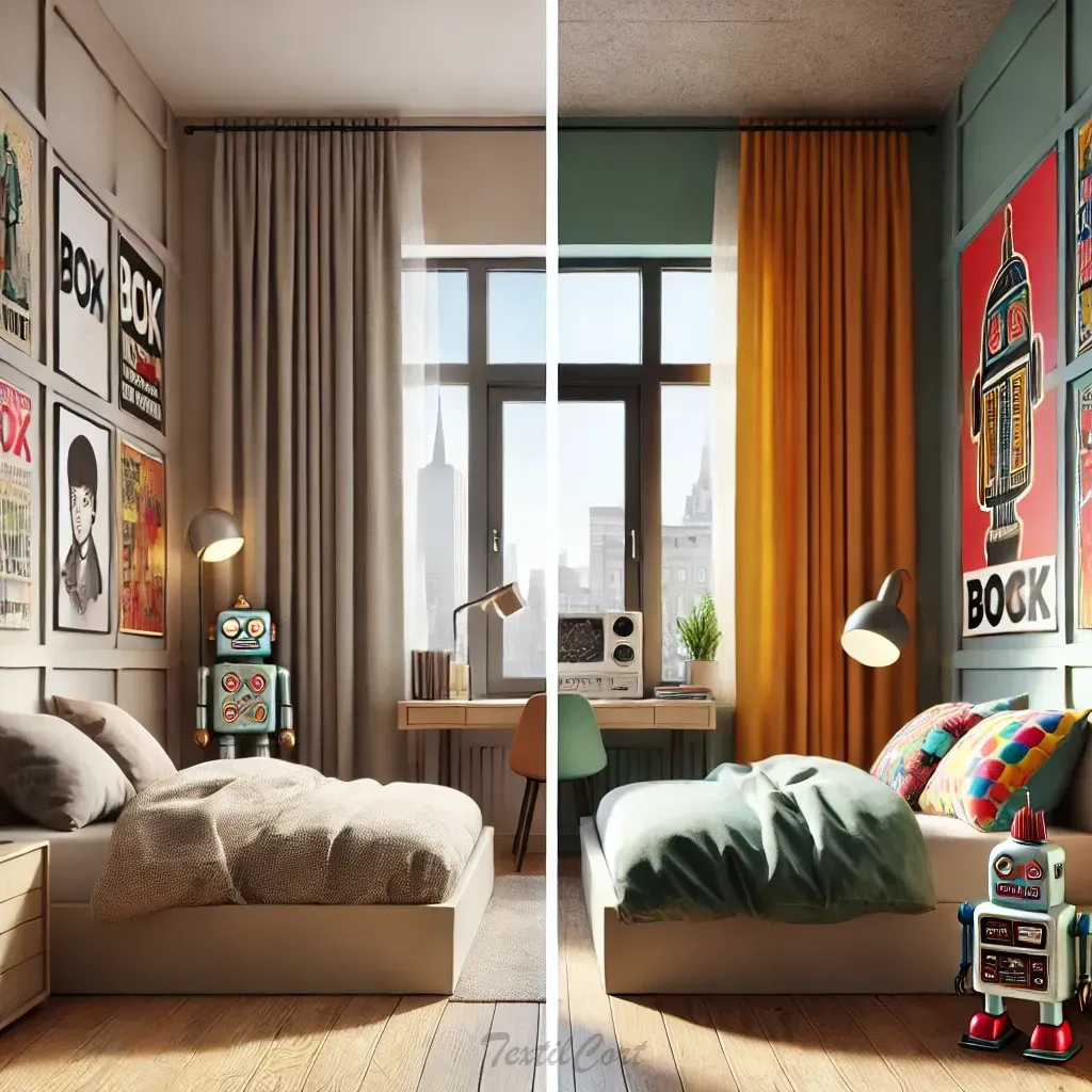 Cortinas estilo kitsch sutil en dormitorio juvenil: contraste y personalidad