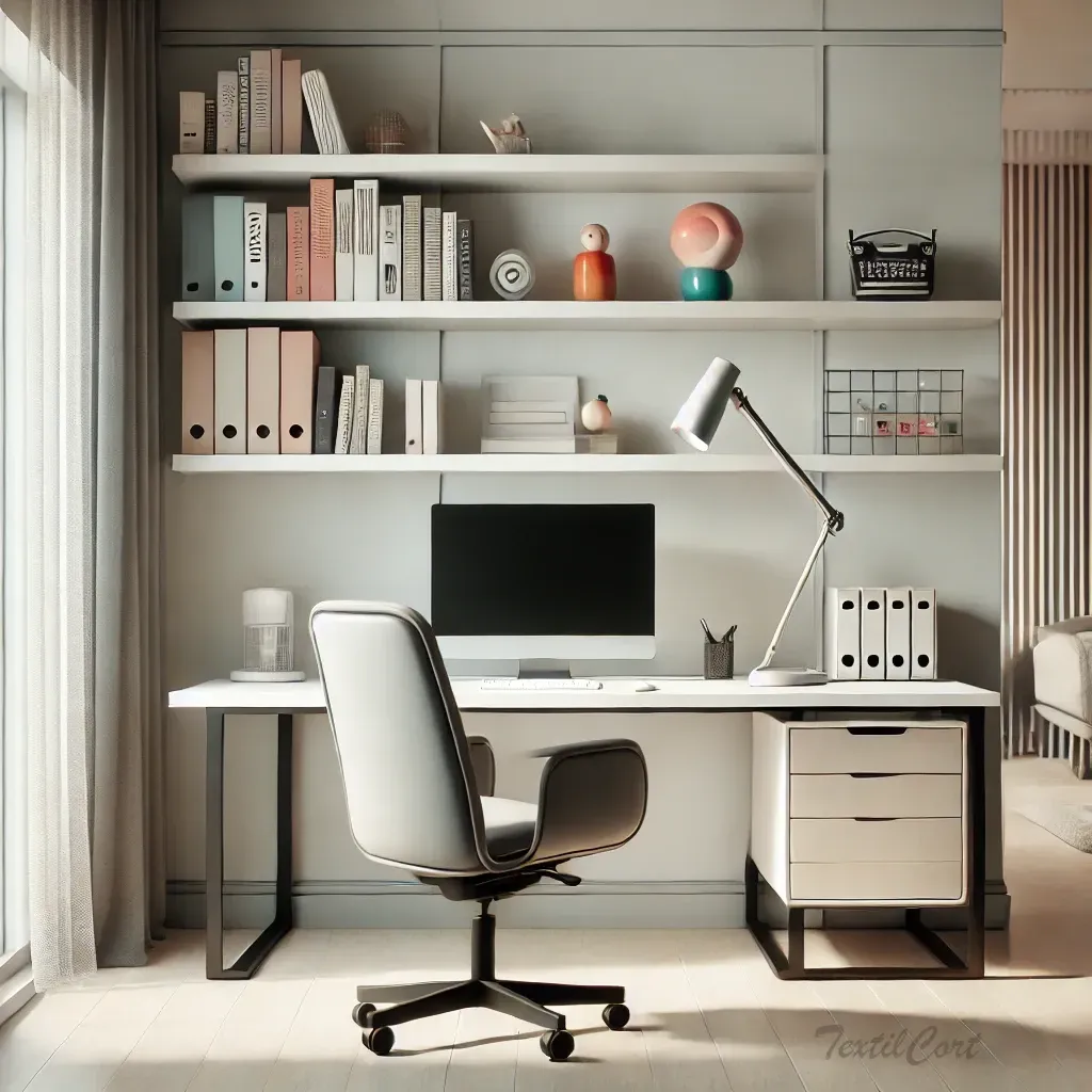 Cortinas estilo kitsch sutil en despacho moderno y minimalista