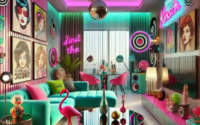 Cortinas estilo kitsch en salón contemporáneo con neones y arte pop – TextilCort